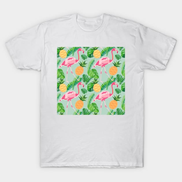 Tropical trendy seamless pattern with pink flamingos, pineapples and palm leaves T-Shirt by AnaMOMarques